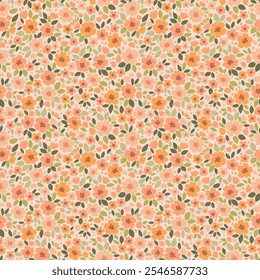 Padrão floral. Flores da liberdade em fundo bege. Impressão com pequenas flores laranja, amarelas e de pêssego. Impressão de Ditsy. Textura de vetor uniforme. Buquê de primavera.