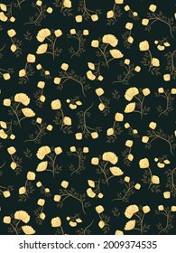 Floral pattern with light lemon-yellow peonies on a dark background. Seamless Botanical print in a hand-drawn style. Modern retro design. Vector illustration for textiles, wallpapers, backdrops...