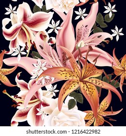 Floral pattern with lily in watercolor style vector illustration