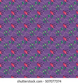 Floral pattern with little red flower and green leaf on purple background. Beautiful seamless vector. Illustration with decorative seam