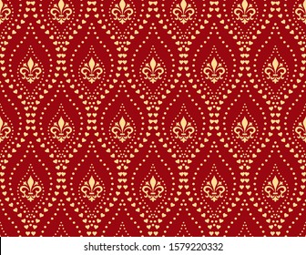 Floral pattern with llilies, dots. Vintage wallpaper in the Baroque style. Seamless vector background. Red and gold ornament for fabric, wallpaper, packaging. Ornate Damask flower ornament