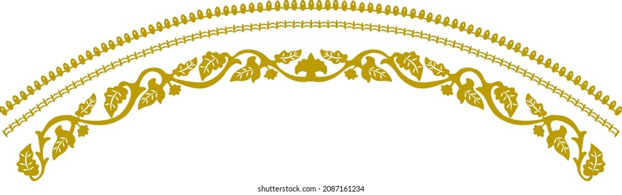 el patrón floral parece una curva. tiene color dorado. puede aplicarse en la pared o en la parte superior de la ventana o de la puerta