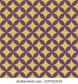 Un patrón floral hecho de círculos púrpura sobre un fondo amarillo oscuro. Es un motivo retro-moderno del pasado, ideal para hacer fondo, alfombras, envoltura de regalo y papel pintado.