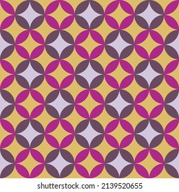 A floral pattern made of purple circles on a dull yellow background. It is a retro-modern motif of the past, great for making backgrounds, carpets, gift wrap, and wallpaper.
