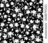 Floral pattern with magnolia flowers. Seamless pattern with magnolia branches silhouettes. Vector black and white seamless floral print. Hand-drawn illustration, not AI
