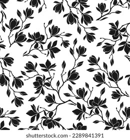 Floral pattern with magnolia flowers. Seamless pattern with magnolia branches silhouettes. Vector black and white seamless background