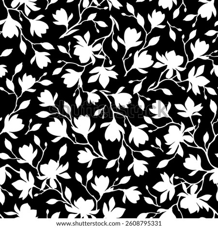 Floral pattern with magnolia flowers. Seamless pattern with magnolia branches silhouettes. Vector black and white seamless floral print. Hand-drawn illustration, not AI