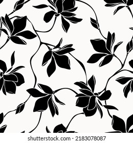 Floral pattern with magnolia flowers. Vector black and white seamless background