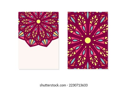 floral pattern mandala card with empty space vector illustration. Half empty mandalas holiday cards. Oriental design Layout. Islam, Arabic, Indian, ottoman motifs. Front page and back page.