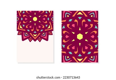 floral pattern mandala card with empty space vector illustration. Half empty mandalas holiday cards. Oriental design Layout. Islam, Arabic, Indian, ottoman motifs. Front page and back page.