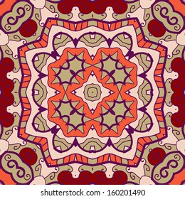 Floral pattern mandala: intricate geometric artwork featuring symmetrical starburst motif with ornate filigree details and vibrant colours. Intertwining shapes and curves create movement within circular composition that evokes wholeness and unity through harmonious design. Warm colour palette includes terracotta shades, deep red tones, soft peach accents, and muted olive green hues contrasted against light cream background. Bold outlines and elaborate embellishments add layers of complexity to this decorative illustration suitable for diverse applications. Artistic piece demonstrates sophisticated aesthetic with arabesque swirls and whimsical symbolism throughout ornamental design. This versatile image works well for interior design projects, stationery creation, craft industries, and various decorating needs.