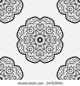 Floral pattern mandala: intricate monochrome artwork features harmonious arrangement of geometric designs with detailed linework. Each mandala displays symmetric form radiating from central star motif, creating sense of depth and complexity through rounded petals decorated with smaller heart and teardrop motifs. Clean minimalistic backdrop allows black lines to stand out against light neutral surface, contributing to contemporary elegant aesthetic. Repetition of these motifs adds rhythmic quality, enhancing visual interest while maintaining tranquil serene mood. This illustration is suitable for various applications like textiles, wallpaper, stationery, and digital backgrounds. Balanced composition and ornate details appeal to decor items, lifestyle branding, and artistic projects focusing on mindfulness and creative expression.