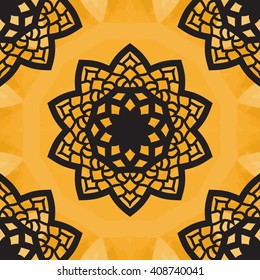 Floral pattern mandala: intricate symmetrical design showcases harmonious blend of black and warm golden hues with detailed floral form at its center. Geometric shapes radiate outward in kaleidoscopic fashion as each petal-like element demonstrates careful craftsmanship, creating depth and complexity. Sharp contrast between dark lines and brilliant background elevates visual impact, while perfect circular composition demonstrates balance and symmetry. This ornamental artwork adds cheerful and energizing atmosphere through rich color palette, enhancing aesthetic appeal for diverse applications. Suitable for interior design, fashion industry, and branding materials, the illustration brings elegance and modernity to any project. Versatile graphic works well across print and digital formats while emphasizing cultural and artistic themes through symbolic imagery.