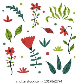 Floral pattern with many kind of flowers and leaves on white background. Colorful trendy design for textile, background, poster, greeting or wedding card and decor. Vector Illustration.