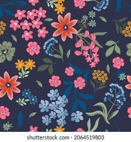 Floral pattern with many kind of flowers. Flowers print with hand drawn style on dark background. Seamless colorful floral vector pattern on a dark background