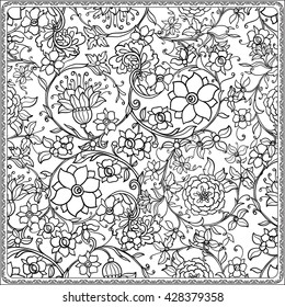 Floral pattern in middle ages style. Coloring book for adult and older children. Coloring page. Outline drawing. Vector illustration.