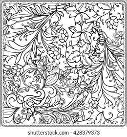 Floral pattern in middle ages style. Coloring book for adult and older children. Coloring page. Outline drawing. Vector illustration.