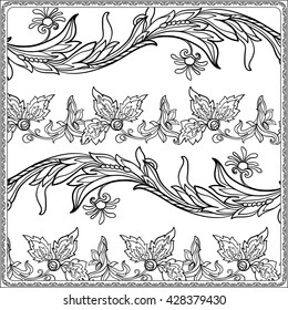 Floral pattern in middle ages style. Coloring book for adult and older children. Coloring page. Outline drawing. Vector illustration.