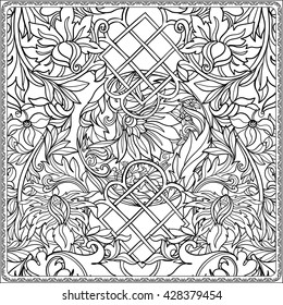 Floral pattern in middle ages style. Coloring book for adult and older children. Coloring page. Outline drawing. Vector illustration.