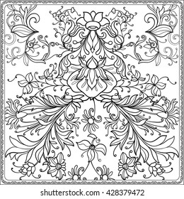 Floral pattern in middle ages style. Coloring book for adult and older children. Coloring page. Outline drawing. Vector illustration.