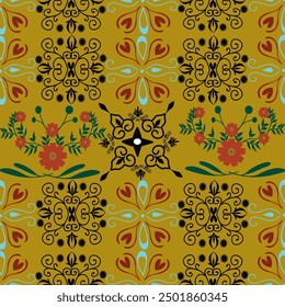 Floral pattern mixed with red flowers ,gold background