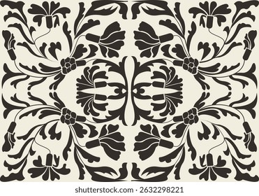 Floral pattern, monochrome style, feat black ornamental flowers and leaves in a mirrored layout on beige background; evokes vintage elegance; ideal for wallpapers, packaging, or classic-themed event