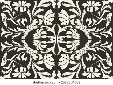 Floral pattern, monochrome style, feat black ornamental flowers and leaves in a mirrored layout on beige background; evokes vintage elegance; ideal for wallpapers, packaging, or classic-themed event
