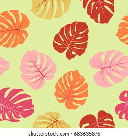 Floral pattern with monstera leaf. Tropical jungle leaves vector seamless pattern of summer colors. Philodendron or monstera plant repeating background for textile, wallpaper, summer decoration. 