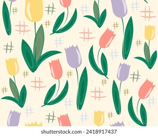 Floral pattern with multicolored tulips on a light background. Vector illustration for fabric, packaging, wallpaper design