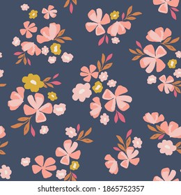 Floral pattern in navy, pink and yellow. Ditsy floral vector seamless background. Feminine flower print for textile, fashion, home decor, wallpaper, gift wrap.