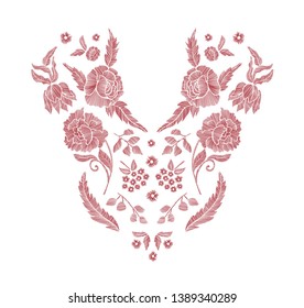 Floral pattern , neck line designs. Vector illustration hand drawn. Fantasy flowers and leaves embroidery pattern.