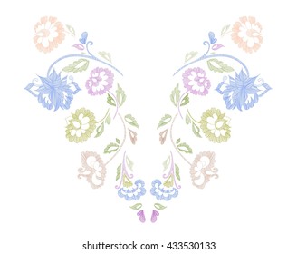 Floral pattern , neck line designs. Vector illustration hand drawn. Fantasy flowers  embroidery pattern.
