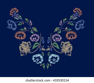 Floral pattern , neck line designs. Vector illustration hand drawn. Fantasy flowers  embroidery pattern.
