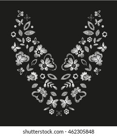 Floral pattern , neck line designs. Vector illustration hand drawn. Fantasy flowers embroidery pattern.
