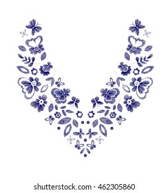 Floral pattern , neck line designs. Vector illustration hand drawn. Fantasy flowers embroidery pattern.