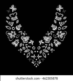 Floral pattern , neck line designs. Vector illustration hand drawn. Fantasy flowers embroidery pattern.