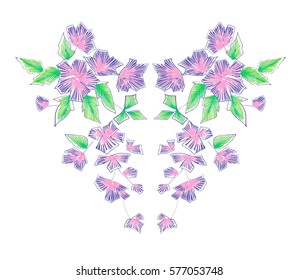Floral pattern , neck line designs. Vector illustration hand drawn. Fantasy flowers embroidery pattern isolated on white.