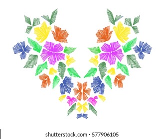 Floral pattern , neck line designs. Vector illustration hand drawn. Fantasy flowers embroidery pattern isolated on white.