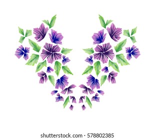 Floral pattern , neck line designs. Vector illustration hand drawn. Fantasy flowers embroidery pattern isolated on white.