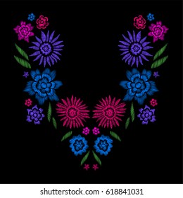 Floral pattern , neck line designs. Vector illustration hand drawn. Fantasy flowers embroidery pattern.