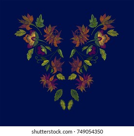 Floral pattern , neck line designs. Vector illustration hand drawn. Fantasy flowers embroidery pattern.