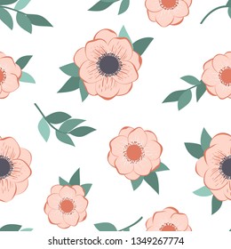 Floral pattern with nemone ranunculus peony flowers and green leaves on the white background.Trendy hand drawn texture for paper, wallpaper, cover, fabric, Interior decor 