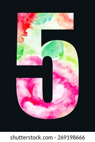 Floral pattern numeric Five. Numeral vector with watercolor texture illustration. Card design font
