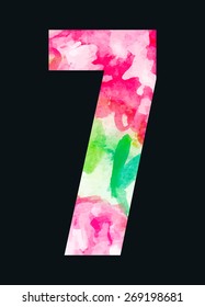 Floral pattern numeric Seven. Numeral vector with watercolor texture illustration. Card design font