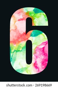 Floral pattern numeric Six. Numeral vector with watercolor texture illustration. Card design font