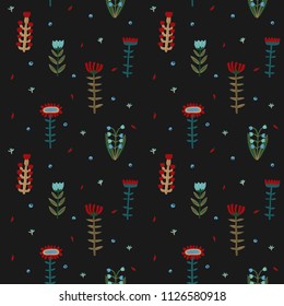  Floral pattern on a black background. Seamless pattren with summer wild flowers. Design for fashion and all prints on hand drawing style.
