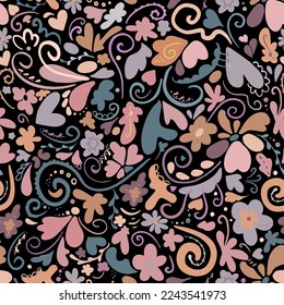 Floral pattern on a black background. Pink, brown, yellow elements. Seamless vector image.