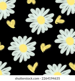 Floral pattern on black background with yellow hearts.