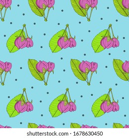 Blumenmuster auf blauem Hintergrund. Symmetrische rosa Blütenknospen. Nahtlose Vektorillustration. Armbanduhr mit Federmotiv. Grüne Blätter. Polka-Punkte.