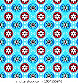 floral pattern on blue and red background.